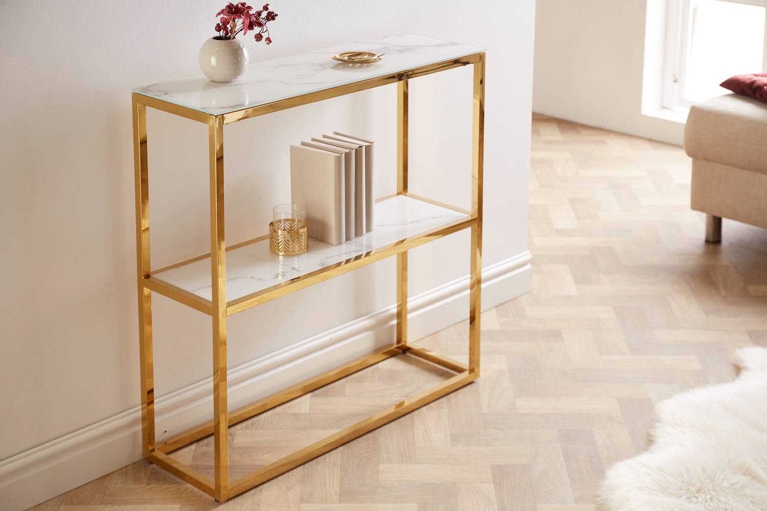 Levně LuxD Designová konzole Latrisha 80 cm bílo-zlatá - vzor mramor