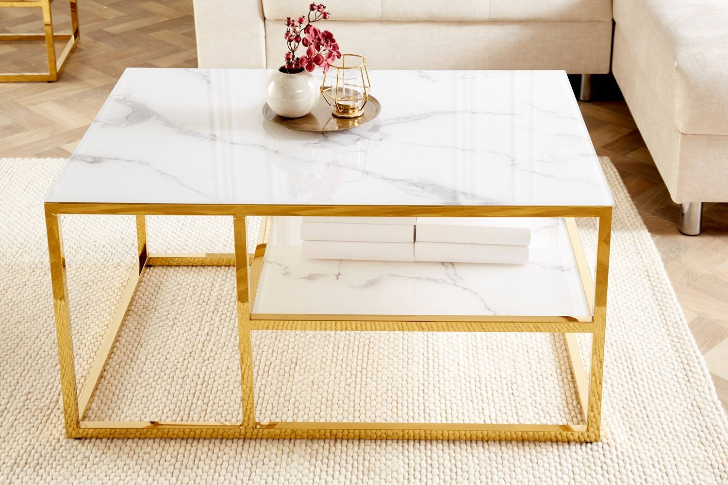 Designový konferenční stolek Latrisha 90 cm bílo-zlatý - vzor mramor - Skladem