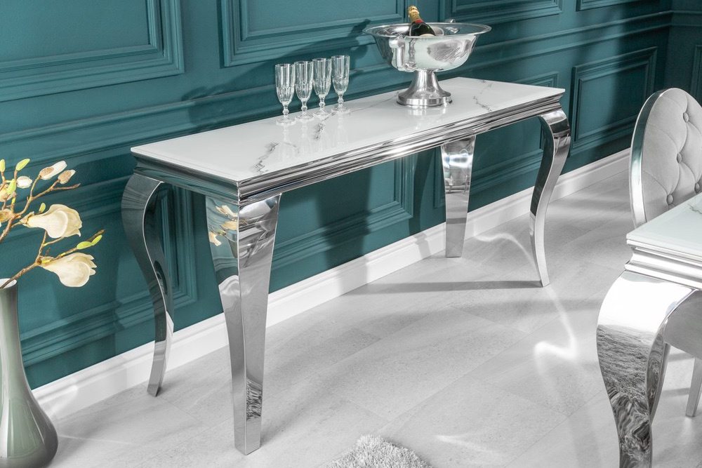 Levně LuxD Designový konzolový stůl Rococo 145 cm stříbrný - mramor - Skladem