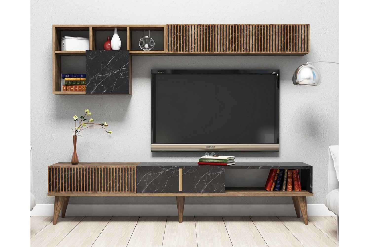 Levně Sofahouse 27906 Designová TV sestava Cadelaria ořech černý závěsné svítidlo