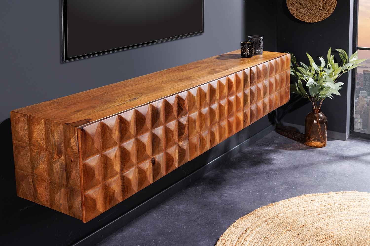 Designový závěsný TV stolek Ladarius 160 cm mango