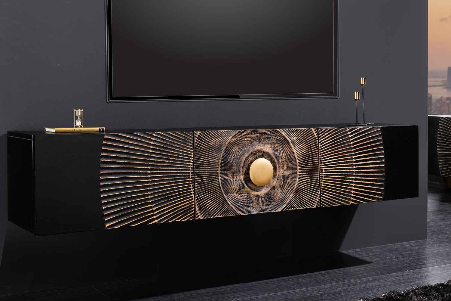 Designový závěsný TV stolek Venetia 160 cm černo-zlatý